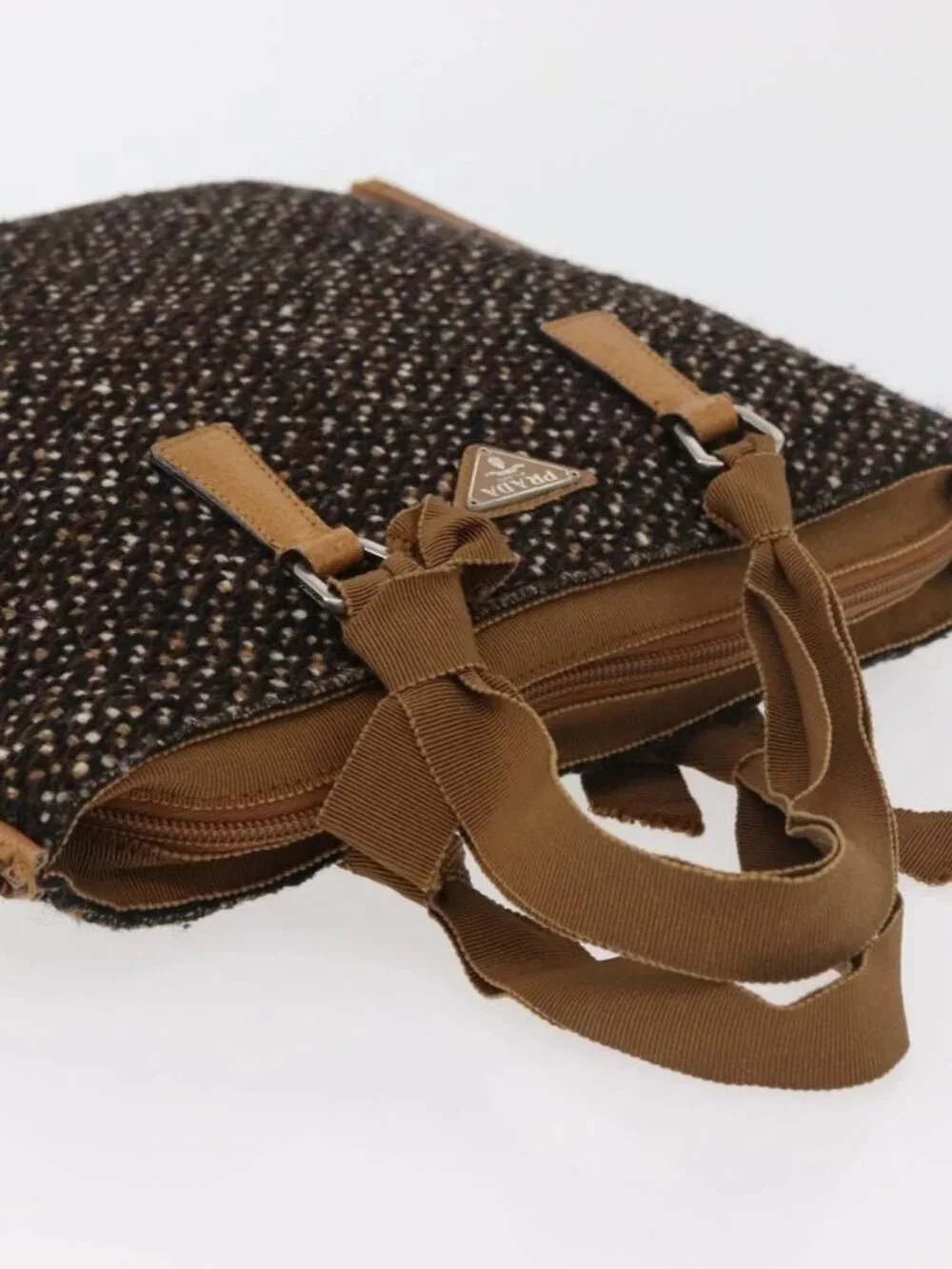 PRADA Hand Bag Canvas Brown Silver Auth 175566A